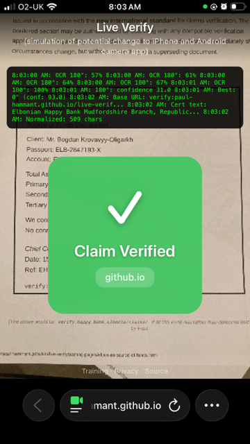 Live Verify prototype showing a successful 'Claim Verified' result